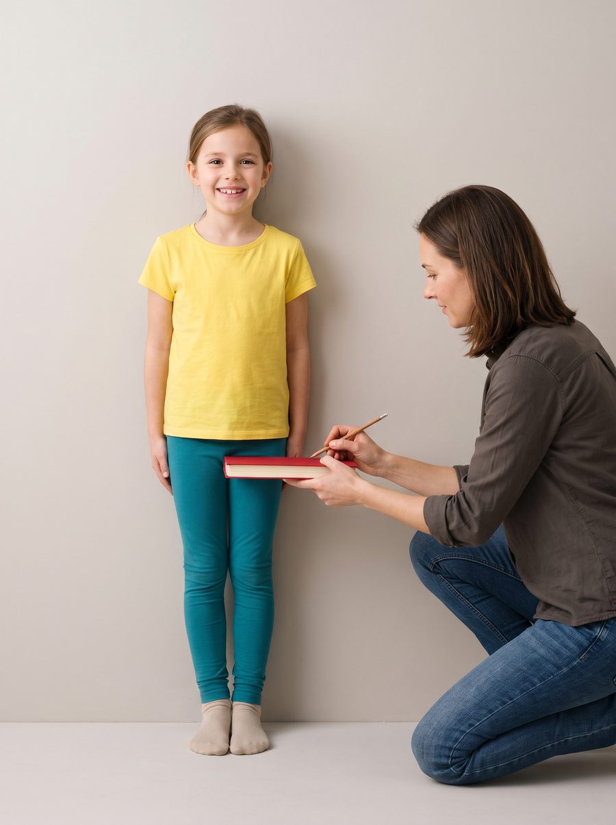 A girl of about seven in socks stands with her back to a wall while her mother, kneeling beside her, holds a red hardback book level between her legs and marks the book’s top edge with a pencil