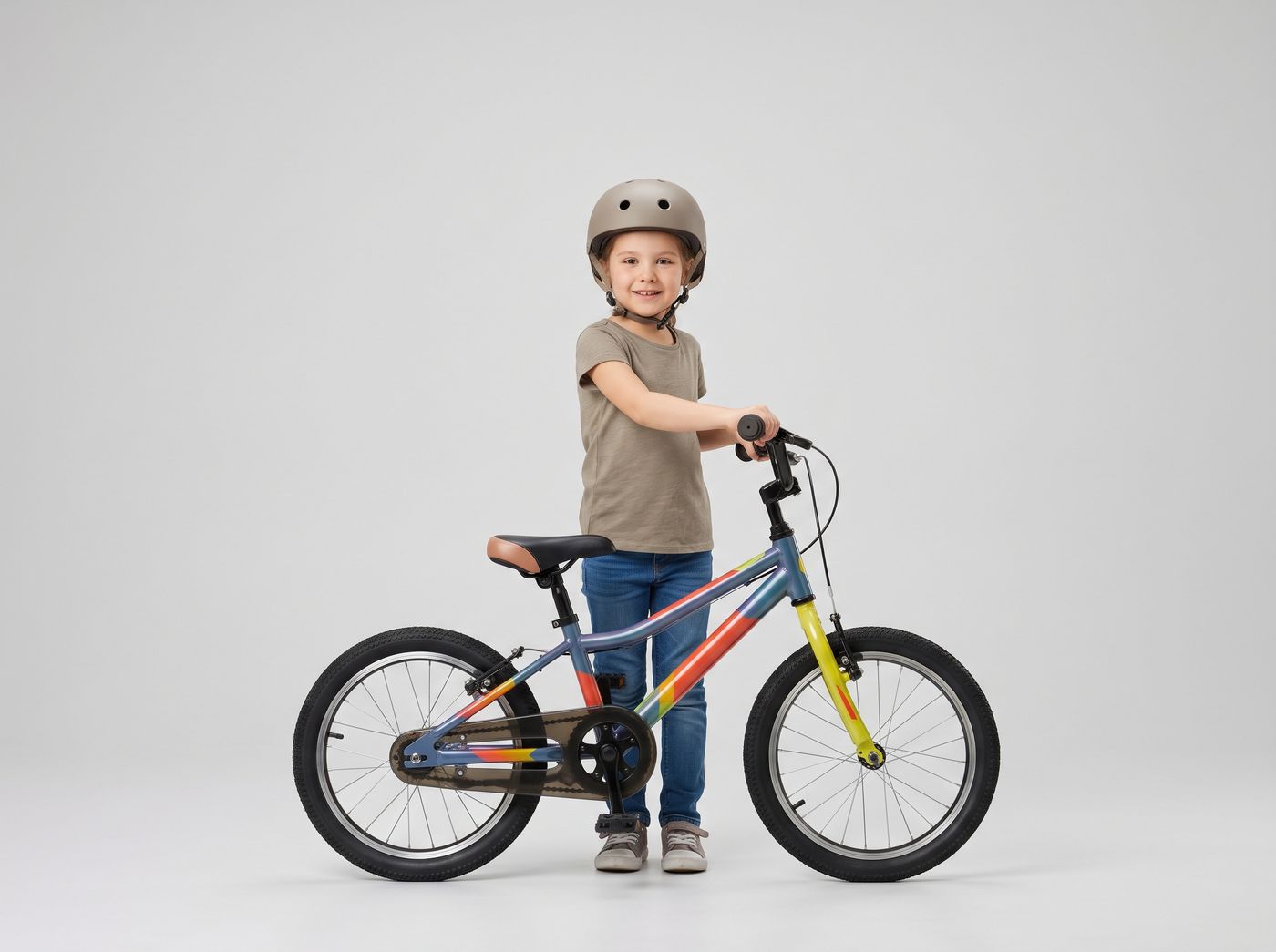 A girl of about six in a helmet standing beside a 16-inch children’s bike, with arrows from the floor to the wheel top, her inseam and her height