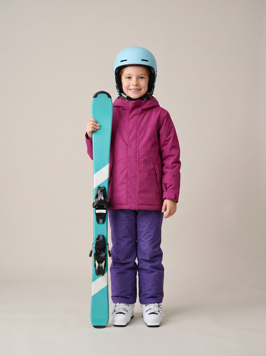 A girl of about seven in a magenta jacket and blue helmet beside a turquoise ski stood on its tail; the tip reaches her chin, between her chest and nose
