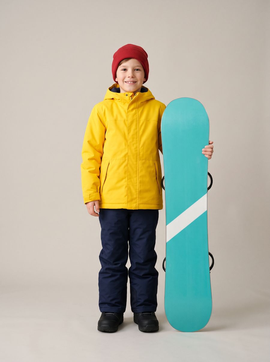 A boy of about eight in a yellow jacket beside a turquoise snowboard stood on its tail; the board reaches between his chest and chin